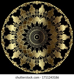 Vintage floral gold 3d mandala pattern. Vector luxury ornamental background. Beautiful ornate backdrop. Round grunge Baroque style ornament. Arabesque textured flowers, leaves, frames, circles, lines.