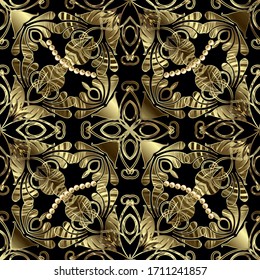 Vintage floral gold 3d seamless pattern. Vector luxury ornamental background. Beautiful ornate backdrop. Grunge royal Baroque style ornament. Arabesque textured golden flowers, leaves, lines. shapes.