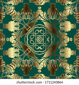 Vintage floral gold 3d seamless pattern. Vector luxury ornamental background. Beautiful Damask backdrop. Grunge royal arabic style ornament. Arabesque textured golden Paisley flowers, leaves, lines.