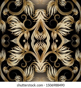 Vintage floral gold 3d vector seamless pattern. Luxury ornamental antique style background. Elegance surface golden flowers, leaves, lines, shapes, curves. Beautiful ornate ornament. Endless design.