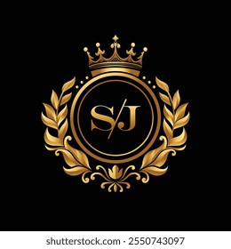 Vintage floral gold frame with crown and initial text on the black background. Golden ornamental frame design vector