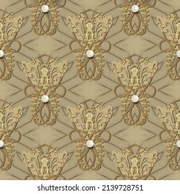 Vintage floral golden 3d seamless pattern. Jewelry surface lines background. Beautiful repeat decorative backdrop. 3d pearls gemstones. Luxury flowers ornaments with zipper, lock, ropes, leaves.