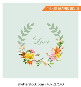 Vintage Floral Graphic Design - Summer Lily Flowers - for T-shirt, Fashion, Prints - in Vector