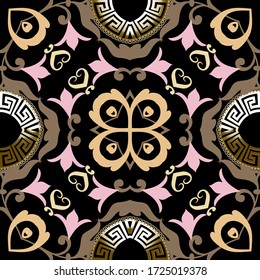 Vintage floral greek style vector seamless pattern. Arabesque ornamental background. Beautiful decorative arabic backdrop. Colorful Damask ornament. Ornate baroque flowers, leaves, greek key meanders