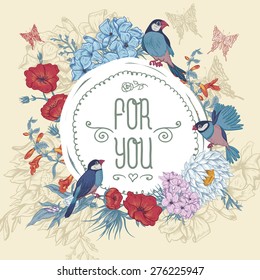 Vintage Floral Greeting Card with Birds and Butterflies. Blooming Hydrangea, Poppies and Bluebells, Lily on Beige Background. Vector illustration with Place for Your Text. 