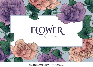 Vintage floral greeting card with blooming hand drawn style flowers, It can be used for invitation, card, cover book, banner, poster.