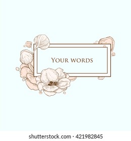  Vintage floral greeting card with blossom of Delphinium consolida. Vector Illustration. Hand drawn.