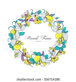 Vintage floral greeting card. Round frame of flowers. Vector illustration, hatching lines