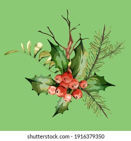 Vintage floral greeting card, spring or summer decoration with pine and dry branch, red berries, mountain ash, beautiful flowers. Colorful vector illustration.Isolate