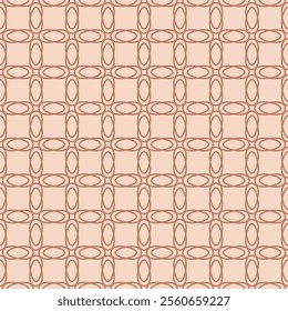 Vintage floral grid ornament. Vector abstract geometric seamless pattern with mesh, lattice, flower silhouettes, curved lines, net. Terracotta and beige color. Simple retro background. Repeated design