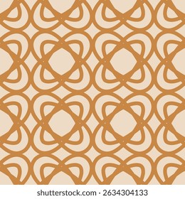 Ornamento de grade floral vintage. Vetor abstrato padrão geométrico sem costura com silhuetas de flor, linhas curvas entrelaçadas, malha, retículo. Cor caramelo e bege. Fundo retrô. Design repetido