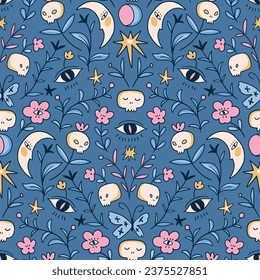 Vintage floral halloween seamless pattern design for fabric or wallpaper. Stylish blue vector pattern design. Mystical print in hand-drawn stylewith skulls and flowers.