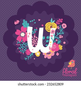 Vintage floral hand drawn monogram made of flowers, butterflies and birds in vector. Letter "W" can be used for posters, cards, invitations, blogs, websites, backgrounds and any other stylish designs