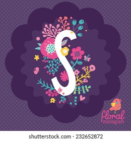 Vintage floral hand drawn monogram made of flowers, butterflies and birds in vector. Letter "S" can be used for posters, cards, invitations, blogs, websites, backgrounds and any other stylish designs