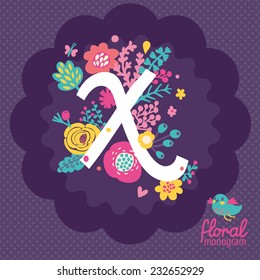 Vintage floral hand drawn monogram made of flowers, butterflies and birds in vector. Letter "X" can be used for posters, cards, invitations, blogs, websites, backgrounds and any other stylish designs