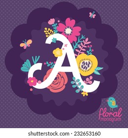 Vintage floral hand drawn monogram made of flowers, butterflies and birds in vector. Letter "A" can be used for posters, cards, invitations, blogs, websites, backgrounds and any other stylish designs