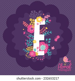 Vintage floral hand drawn monogram made of flowers, butterflies and birds in vector. Letter "E" can be used for posters, cards, invitations, blogs, websites, backgrounds and any other stylish designs