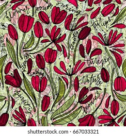Vintage floral hand drawn seamless pattern. Hand drawn abstract fancy flowers. Folk painting style. Summer blooming ornament. Colorful background. Repeatable backdrop.