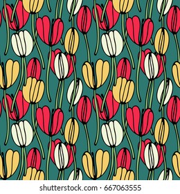 Vintage floral hand drawn seamless pattern. Hand drawn abstract fancy flowers. Folk painting style. Summer blooming ornament. Colorful background. Repeatable backdrop.