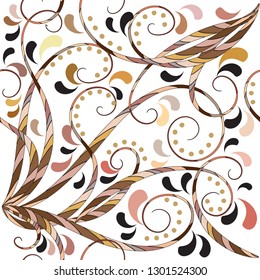 Vintage floral hand drawn vector seamless pattern. Elegance line art tracery striped lines, swirls, paisley flowers, leaves, dots. Beautiful ethnic style flourish ornament on the white background.