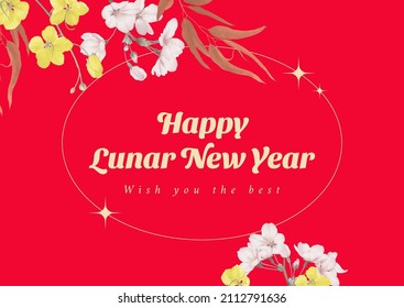 Vintage floral happy lunar new year greeting card template, various flowers and leaves on red