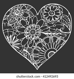 Vintage floral heart design. Romantic element for valentine's day card, wedding. Vector sketch illustration in Boho style.