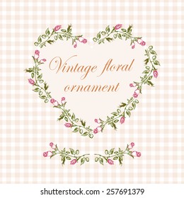 Vintage floral heart frame with pattern background. Vector illustration