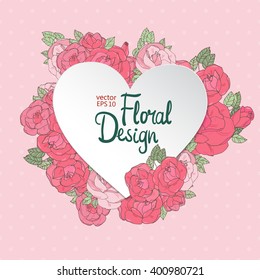 Vintage Floral Heart Shape Frame on Pink Polka Dot Background. 