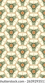 Vintage Floral Hexagon Seamless Pattern – Ornamental Retro Flower Design with Earth Tones for Fabric, Tiles, or Wallpaper