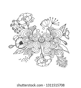 Vintage floral highly detailed hand drawn rose flower stem with roses and leaves. Victorian Motif, tattoo design element. Bouquet concept art. Isolated vector illustration in line art style.