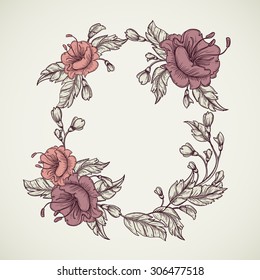 Vintage floral highly detailed hand drawn bouquet of flowers located in elliptical form frame.Retro banner, invitation, wedding card, scrap booking. Isolated objects. Stock vector illustration