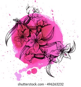 Vintage floral highly detailed hand drawn flower. Outline engraving style vector illustration on watercolor magenta background.