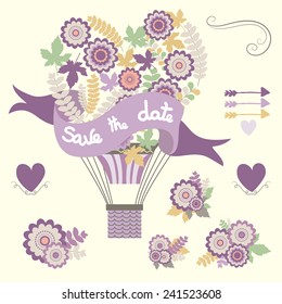 Vintage floral hot air balloon. Wedding graphic set with flowers elements, arrows and hearts