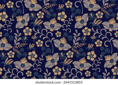 Vintage Floral Ikat pattern paisley seamless embroidery on dark background. Silhouette flower motif traditional. Bohemian style abstract vector illustration ethnic design.