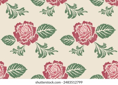 Vintage Floral Ikat Rose Pattern Seamless Retro Textile Design