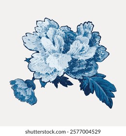 Vintage floral illustration of blue flowers with detailed petals and leaves. Blue flowers and leaves create a classic, vintage floral design. Vintage illustration isolated on white, vector.