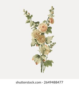 Ilustração floral vintage com flores e folhas delicadas. As cores pastel macias destacam o intrincado design floral, criando uma aparência botânica clássica. Vetor de ilustração de flor vintage.