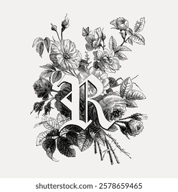 Vintage floral illustration with letter 'R'. Intricate flowers and leaves. Elegant design with letter 'R'. Black and white floral art with 'R'. Vintage flower illustration isolated on white, vector.