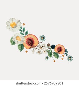 Vintage floral illustration with peaches, daisies, and leaves. Peaches and daisies create a vibrant, vintage floral design. Lush leaves and peaches add charm. Isolated vintage vector element.