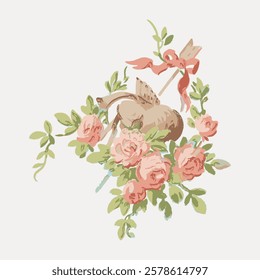 Vintage floral illustration with pink roses and green leaves. Romantic and delicate design featuring roses, leaves, and a decorative bow. Elegant floral motif. Vintage flower illustration, vector.