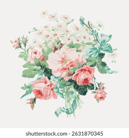 Vintage floral illustration with pink roses and white daisies. Roses and daisies in a classic, elegant style. Soft colors highlight roses and daisies beautifully. Vintage art illustration vector.