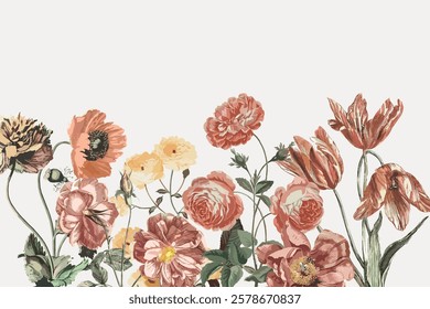 Vintage floral illustration with red, pink, and yellow flowers. Delicate flowers, artistic flowers, and elegant flowers on a light background. Vintage flower illustration isolated on white, vector.