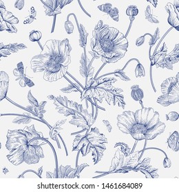 Vintage floral illustration. Seamless pattern. Poppies with butterflies. Blue and white 