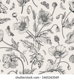 Vintage floral illustration. Seamless pattern. Poppies with butterflies. Black and white 