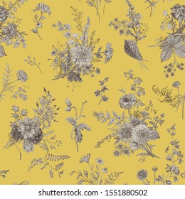 Vintage floral illustration. Seamless pattern. Autumn floral pattern. Yellow and Gray 