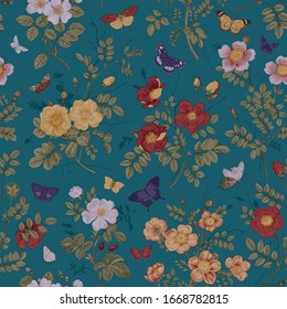 Vintage floral illustration. Seamless pattern. Wild Roses with butterflies. Colorful flowers and butterflies are on a blue background. 