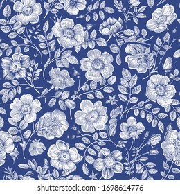 Vintage floral illustration. Seamless pattern. Wild Roses. Blue and white 