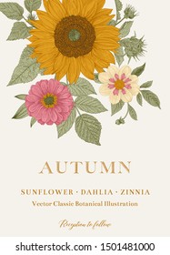 Vintage floral illustration. Wedding invitation. Autumn. Sunflower, Dahlia and Zinnia