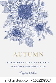 Vintage Floral Illustration. Wedding Invitation. Autumn. Sunflower, Dahlia And Zinnia. Blue And White
