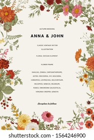 Vintage floral illustration. Wedding invitation. Autumn. Colorful